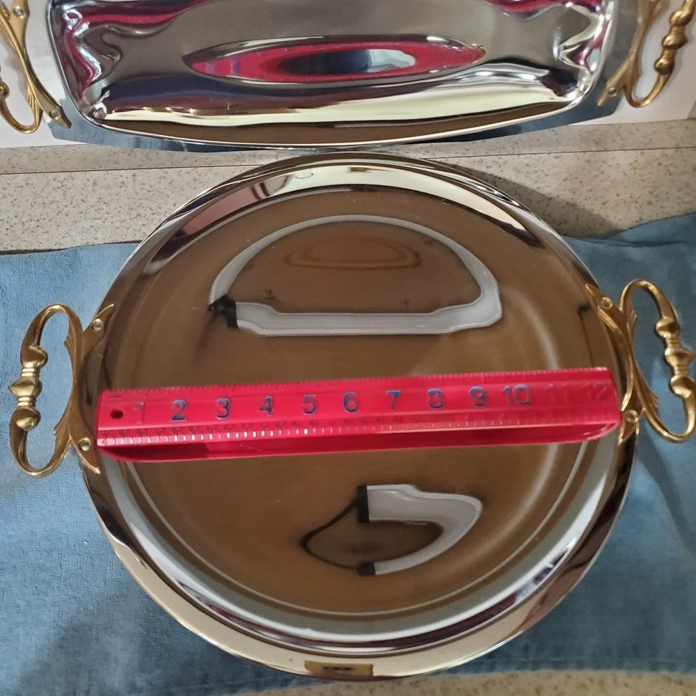 2 VTG Kromex Chrome Serving Trays Gold Handles‎ Mid Century Modern Round Oblong